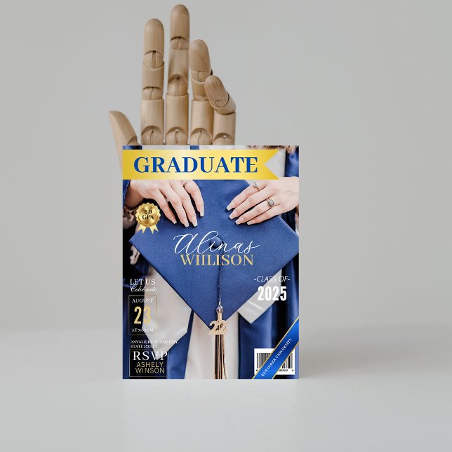 Classy blue and gold magazine photo graduation  invitation (Creator Uploaded)