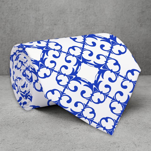 Classy Blue and White Azulejo Tiles Damask Pattern Tie (Creator Uploaded)