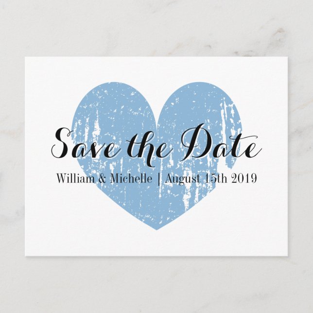 Classy blue and white heart Save the date postcard (Front)