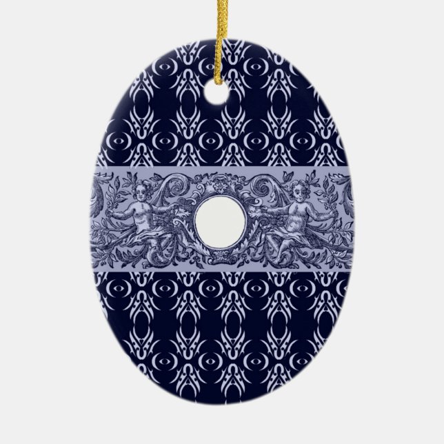 Classy Blue Baroque Pattern by LeahG - cherubs Ceramic Ornament (Front)
