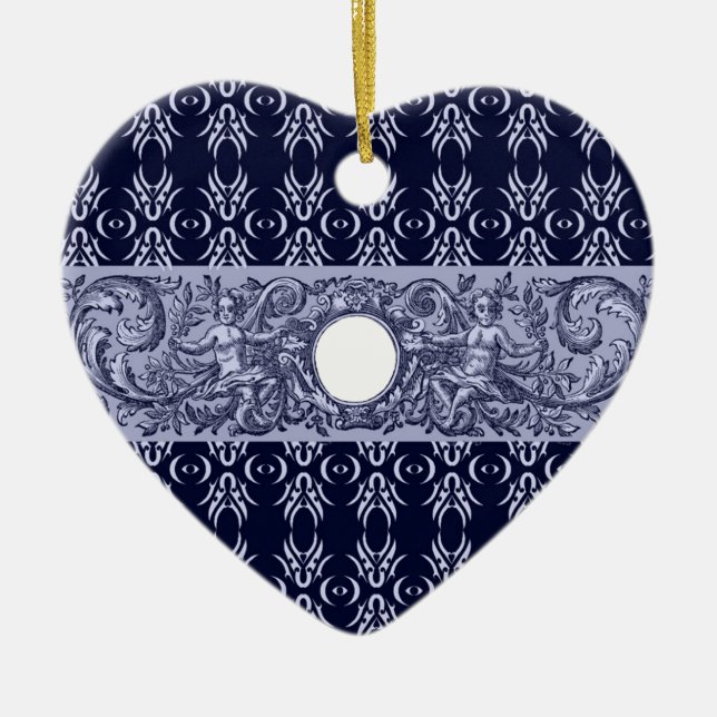 Classy Blue Baroque Pattern by LeahG - cherubs Ceramic Ornament (Front)