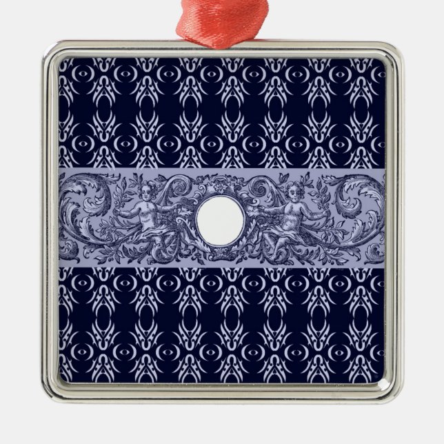 Classy Blue Baroque Pattern by LeahG - cherubs Metal Ornament (Front)