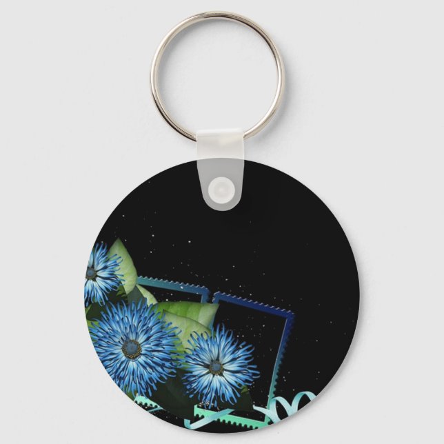 Classy blue black floral gifts - personalize names keychain (Front)