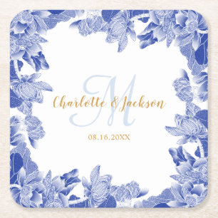 Classy Blue Chinoiseri Floral Wedding Couple Name Square Paper Coaster