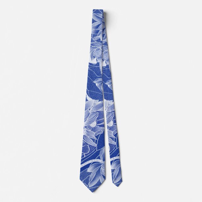 Classy Blue Chinoiserie Chic Blue Lotus Floral Tie (Front)