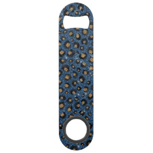 Classy Blue Glitter Black Gold Leopard Print Bar Key