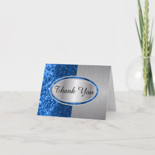 Classy Blue Glitter Brush Steel Metal Look Thank You Card