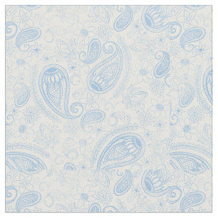 Classy Blue Glitter Paisley Floral White Pattern Fabric