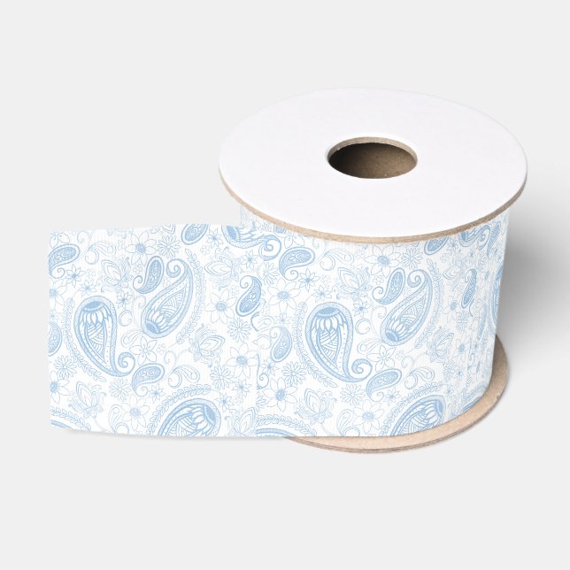 Classy Blue Glitter Paisley Floral White Pattern Grosgrain Ribbon (Spool)