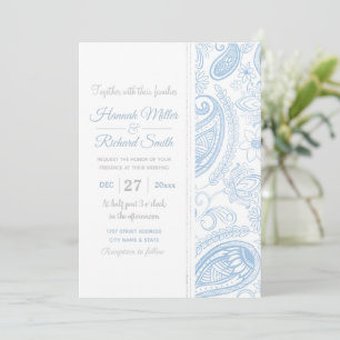 Classy Blue Glitter Paisley Floral White Pattern Invitation