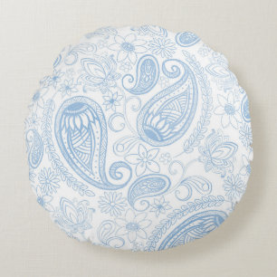 Classy Blue Glitter Paisley Floral White Pattern Round Pillow