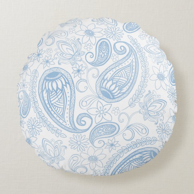 Classy Blue Glitter Paisley Floral White Pattern Round Pillow (Front)