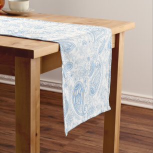 Classy Blue Glitter Paisley Floral White Pattern Short Table Runner