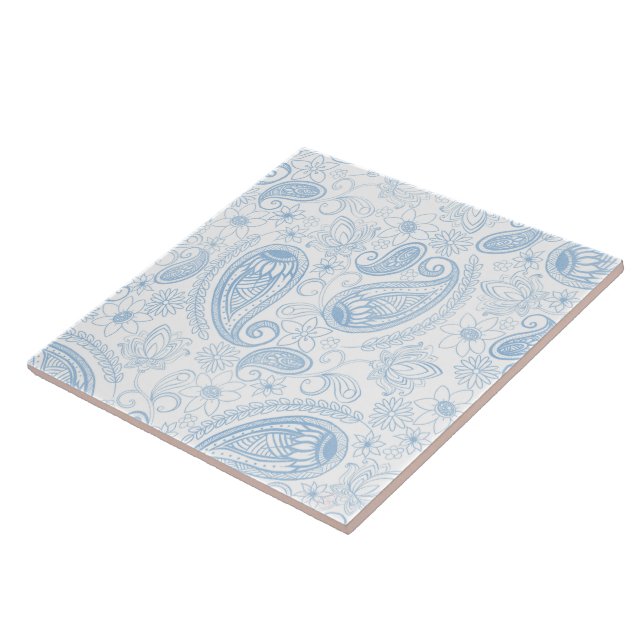 Classy Blue Glitter Paisley Floral White Pattern Tile (Side)