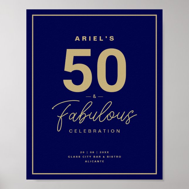 Classy Blue & Gold 50 & Fabulous Birthday Party Poster (Front)