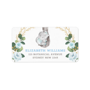 Classy Blue & Gold Elephant Baby Floral Greenery Label