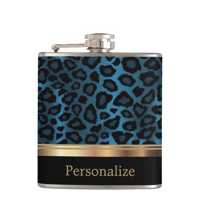 Classy Blue Leopard Animal Print Hip Flask (Front)