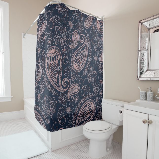 Classy Blue Rose Gold Glitter Paisley Floral (In Situ)