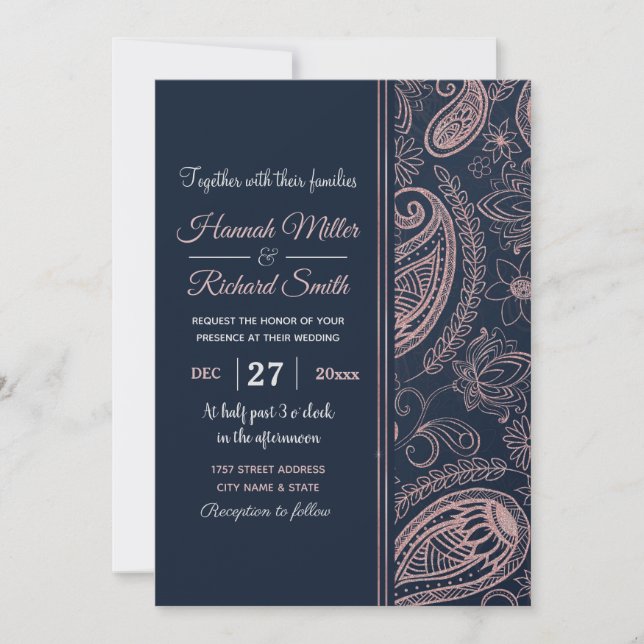 Classy Blue Rose Gold Glitter Paisley Floral Invitation (Front)