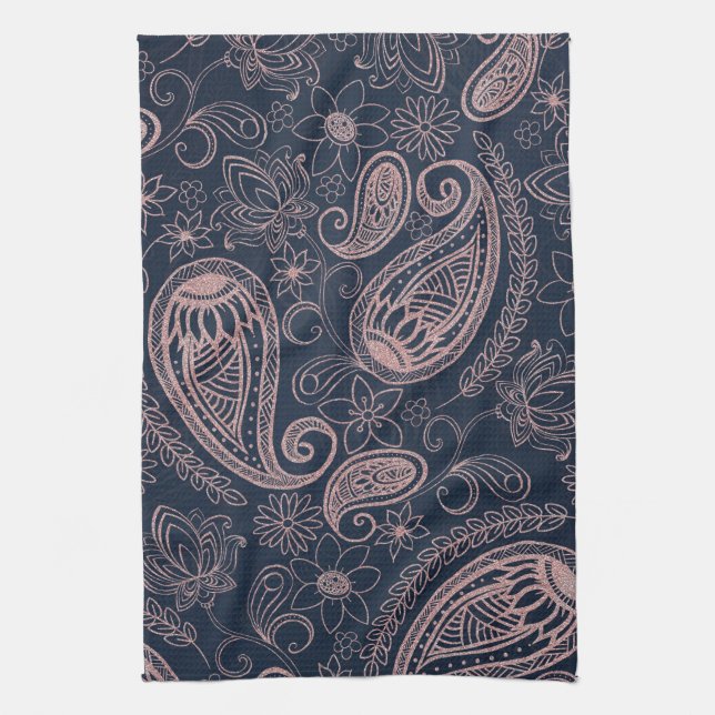 Classy Blue Rose Gold Glitter Paisley Floral Kitchen Towel (Vertical)