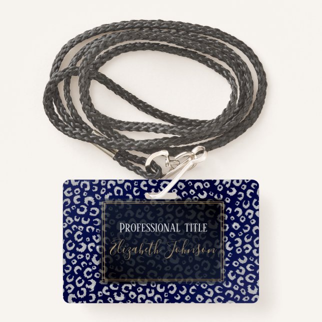 Classy Blue Silver Glitter Leopard Animal Print Badge (Front with Lanyard)