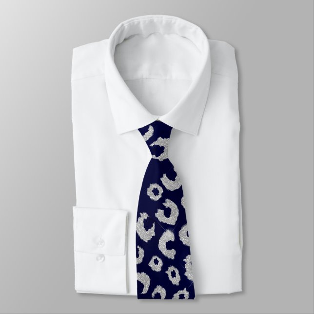 Classy Blue Silver Glitter Leopard Animal Print Tie (Tied)
