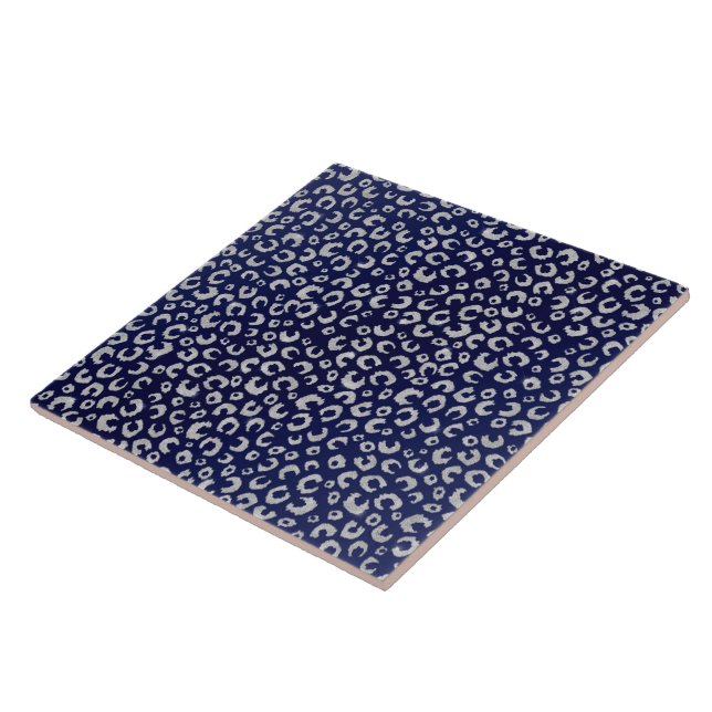 Classy Blue Silver Glitter Leopard Animal Print Tile (Side)