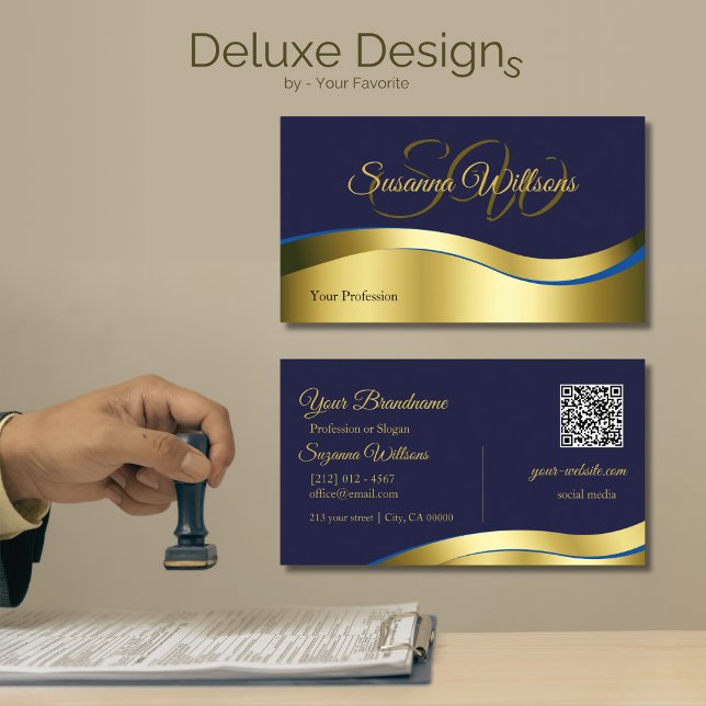Classy Blue Wavy Gold Decor with Initials QR Code Business Card (Creator Uploaded)