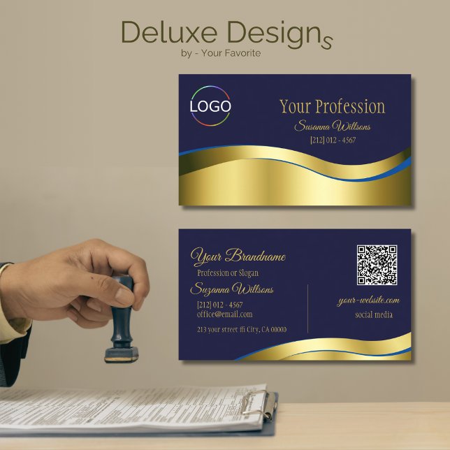 Classy Blue Wavy Gold Decor with Logo QR Code Business Card (Creator Uploaded)