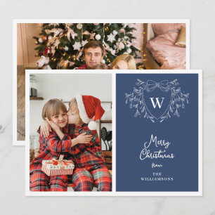 Classy blue & white classy crest 2 photos holiday card