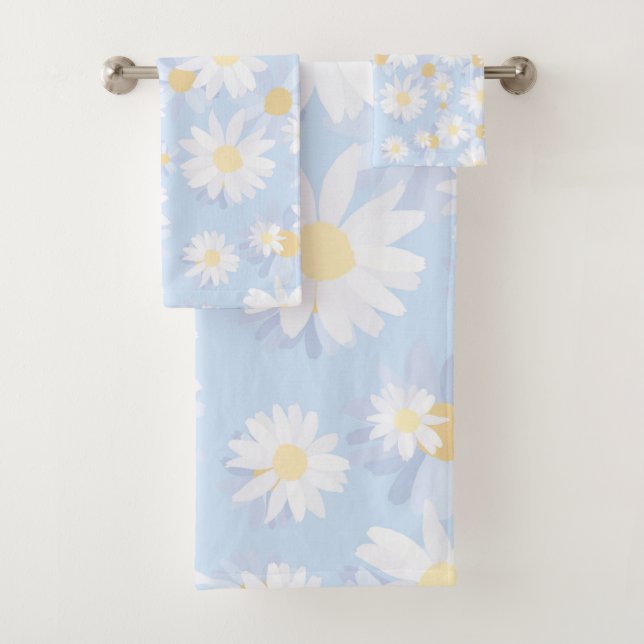 Classy Blue White Daisy Flowers Bath Towel Set (Insitu)