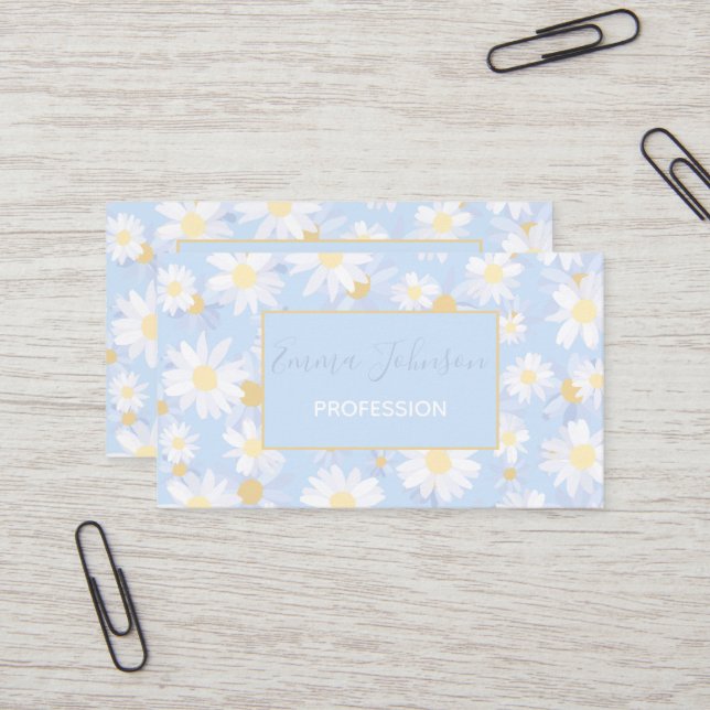 Classy Blue White Daisy Flowers Business Card (Front/Back In Situ)