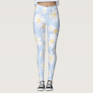 Classy Blue White Daisy Flowers Leggings
