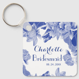 Classy Blue White Floral Bridesmaid Wedding Favour Keychain