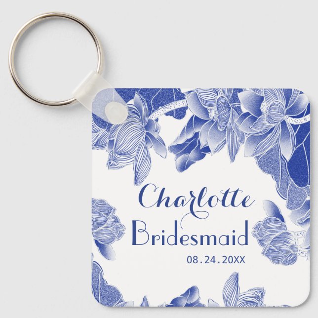 Classy Blue White Floral Bridesmaid Wedding Favour Keychain (Front)