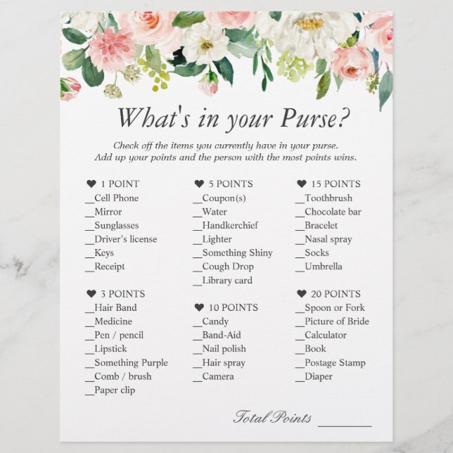 Classy Blush Pink Floral What's In Your Purse Game Flyer (Front)