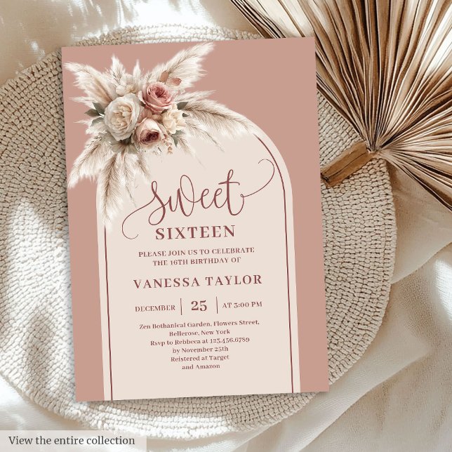Classy Boho Arch Dusty Rose Pampas Floral Sixteen Invitation (Classy Boho Arch Dusty Rose Pampas Floral Sixteen)
