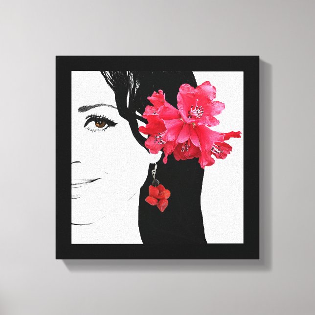 Classy boho girl in red coral earring and flowers canvas print (Front)