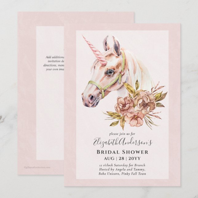 Classy BOHO Unicorn Bridal Shower Lunch Invitation (Front/Back)