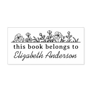 Classy Botanical Floral Script Library Bookplate Rubber Stamp