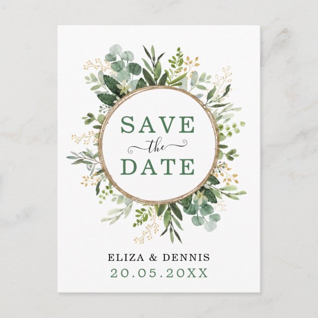 Classy Botanical Greenery Gold Save the Date Announcement Postcard (Front)