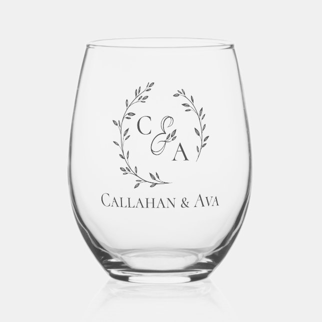Classy bride & groom names with Personalized Logo Stemless Wine Glass (Front)