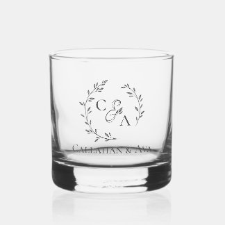 Classy bride & groom names with Personalized Logo Whiskey Glass