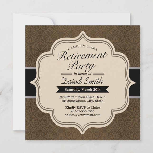 Classy Brown Damask Retirement Party Invitations (Front)