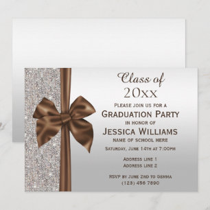 Classy Brown Silk Bow, Silver Sequins Graduation Invitation
