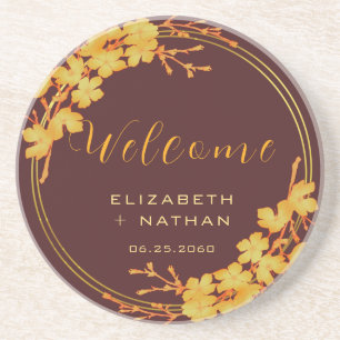 Classy Burgundy and Gold Floral Wedding Welcome Coaster