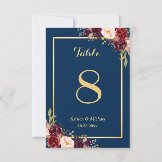 Classy Burgundy Floral Gold Navy Blue Table Number (Front)