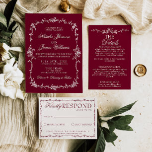 Classy Burgundy Floral Old Money Herbal Wedding Invitation
