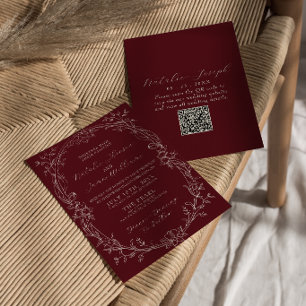 Classy Burgundy Floral Old Money QR Code Wedding Invitation