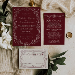 Classy Burgundy Floral Romantic Old Money Wedding Invitation